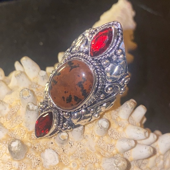 Coconut Jasper + Mozambique Garnet bohemian vintage ring - Picture 3 of 7